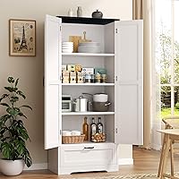 Vongrasig 4-Tier Rustic White Pantry Cabinet with Barn Doors, Drawer & Adjustable Shelves - Kitchen Storage Locker