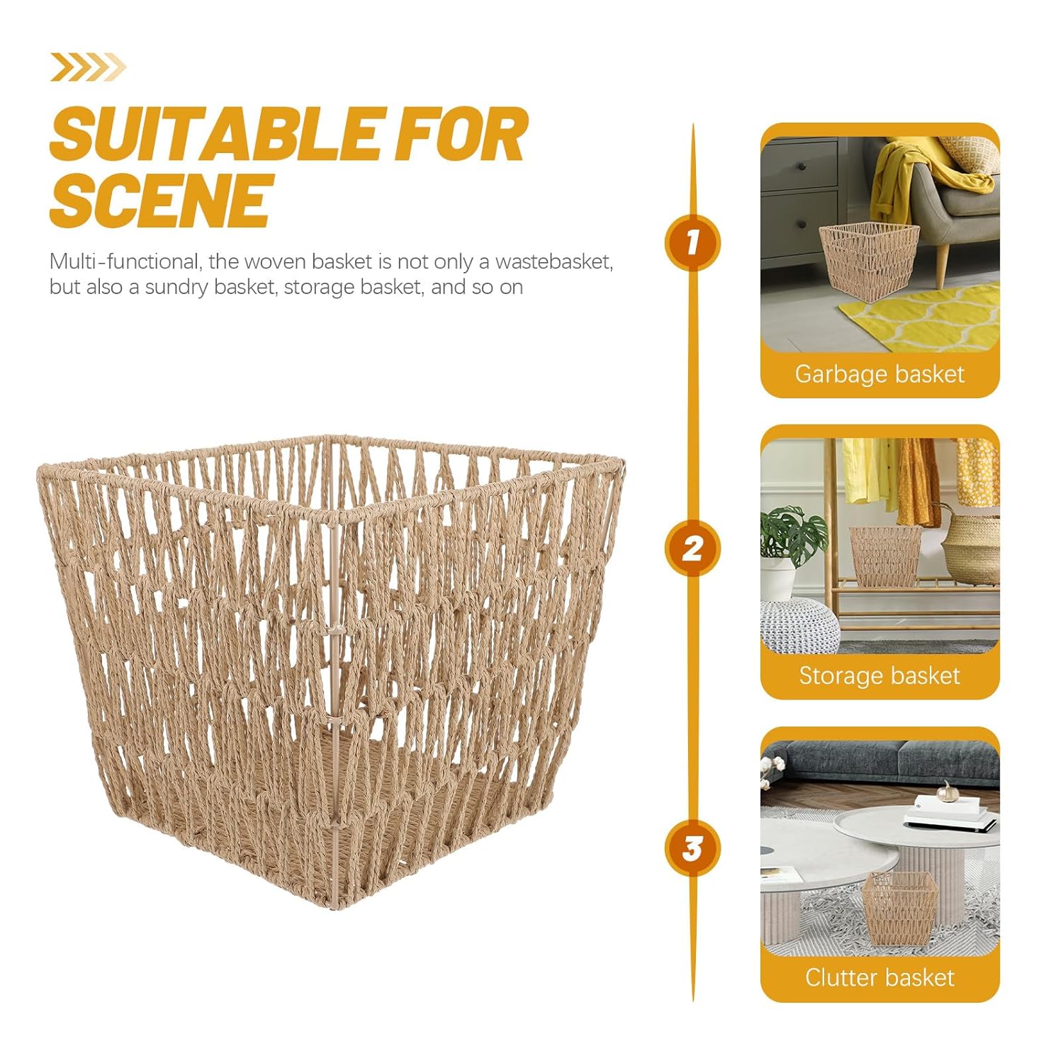 NUOBESTY Woven Trash Storage Basket with Hollow Design, 13.5-inch Light Brown Multipurpose Waste Paper Bin for Home Bathroom Office Organization