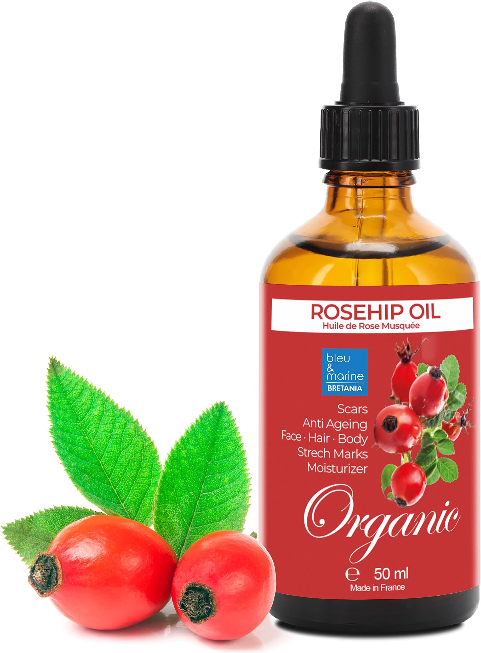 Rosehip Cold-Pressed Bio Oil Skin Repair, Facial Anti Ageing, Body Firming, Anti-Stretch Marks, Hair Moisturiser, Scar Oil, Rich in Vitamin E. Natural & Pure - 50 ml