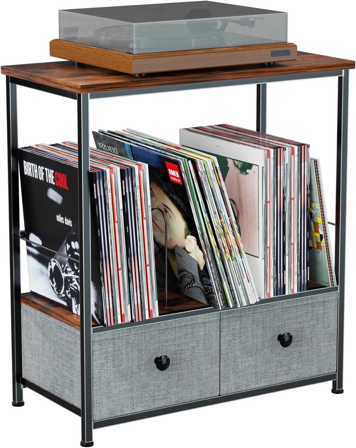 DALEMHOME Record Player Stand with Vinyl Storage, 2-Tier Record Shelf Table with Fabric Drawer, Holds Up to 110 Vinyl Records, Record Player Table for Turntable and Albums, 23.62"D × 11.81" W× 25.59"H