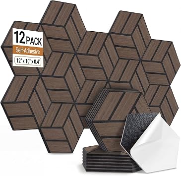12 Pack Hexagon Acoustic Panels Self-Adhesive, High Density Sound Absorbing Panels for Walls, Soundproofing Foam Panels for Studio, Home Office, Gaming Room, Recording Room Walnut