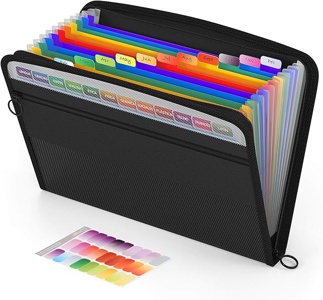 ABC life Expanding File Folders with Zipper Closure, 13 Pockets A4 Filing Accordion Folder Document Organiser with Front Pocket Holder/Sticky Labels, Portable Expandable File Organiser Filing Folder