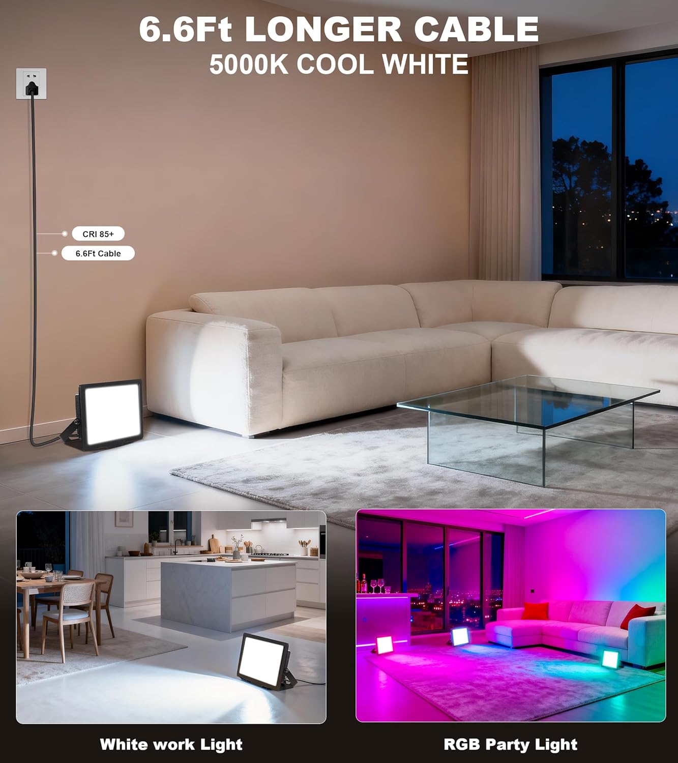TigQiang 50W RGB Flood Light with Remote & 6.6Ft Cable, Halloween RGB Floodlight, IP66 Waterproof Color Changing Christmas Light, 5000K White LED Floodlight, Outdoor, Uplights for Events, 4 Pack