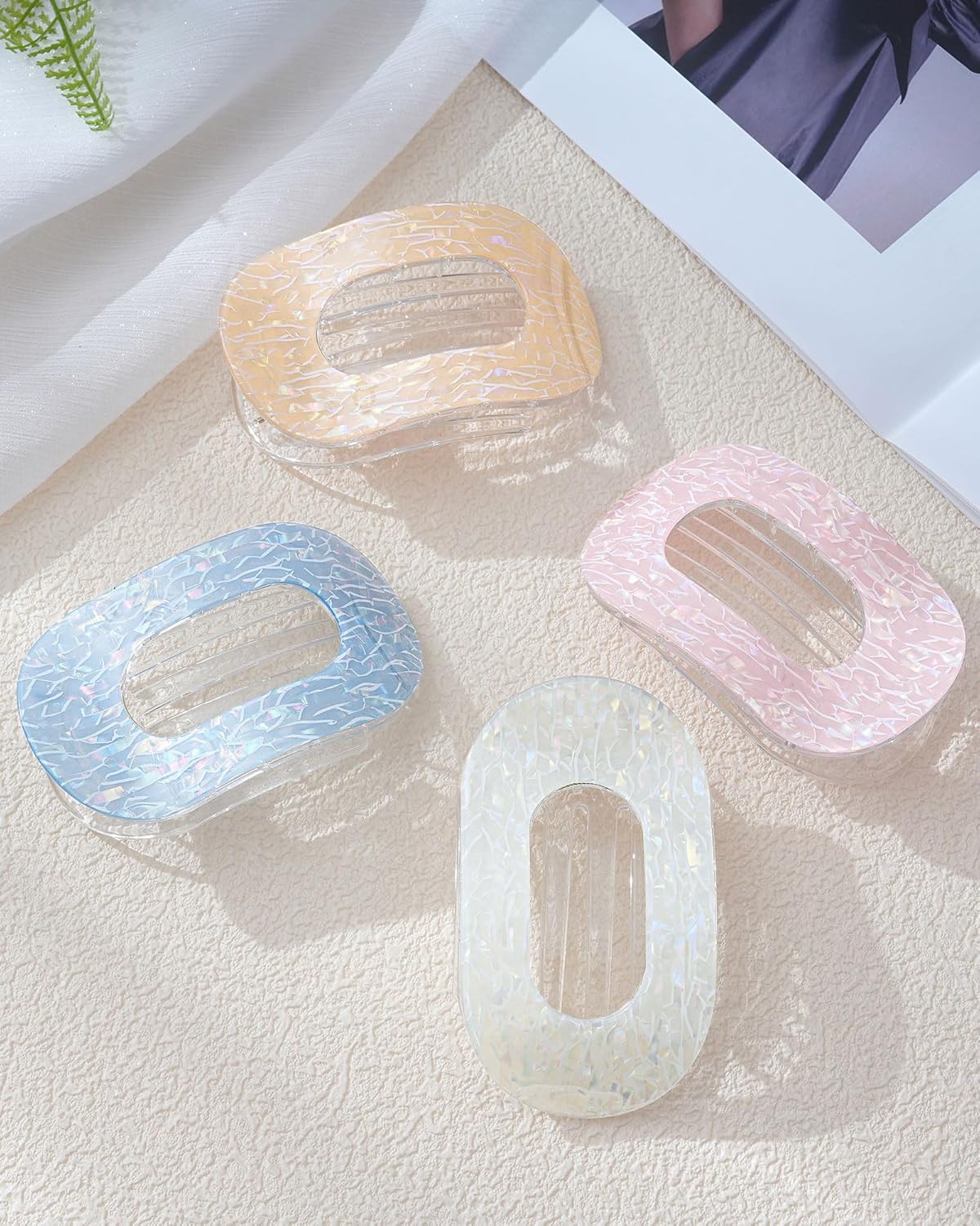 Mesovor 4 Pack French Flat Hair Clips for Women, 3.74" Nonslip Stylish Round Duckbill Lay Flat Hair Claw | Side Slide Volume Flat Hairclips for Lying Down, Yoga, Driving (Mermaid Crack) - Image 8