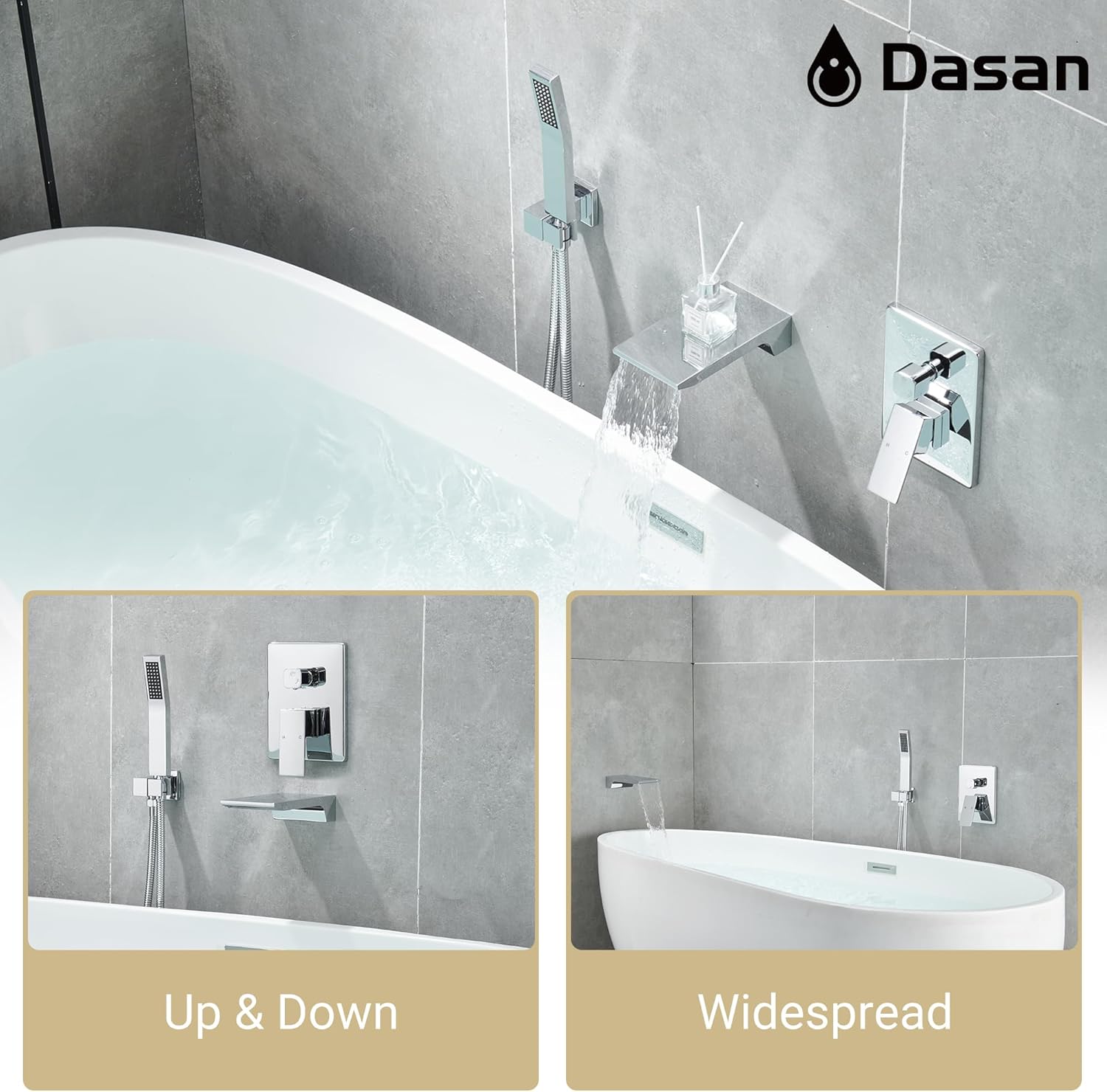 DASAN Waterfall Tub Filler Faucet Wall Mount with Hand Shower, Modern Wall Mounted Bathtub Faucet Chrome Tub Faucet with High Flow Rough in Valve, SA-TF01WH-PC