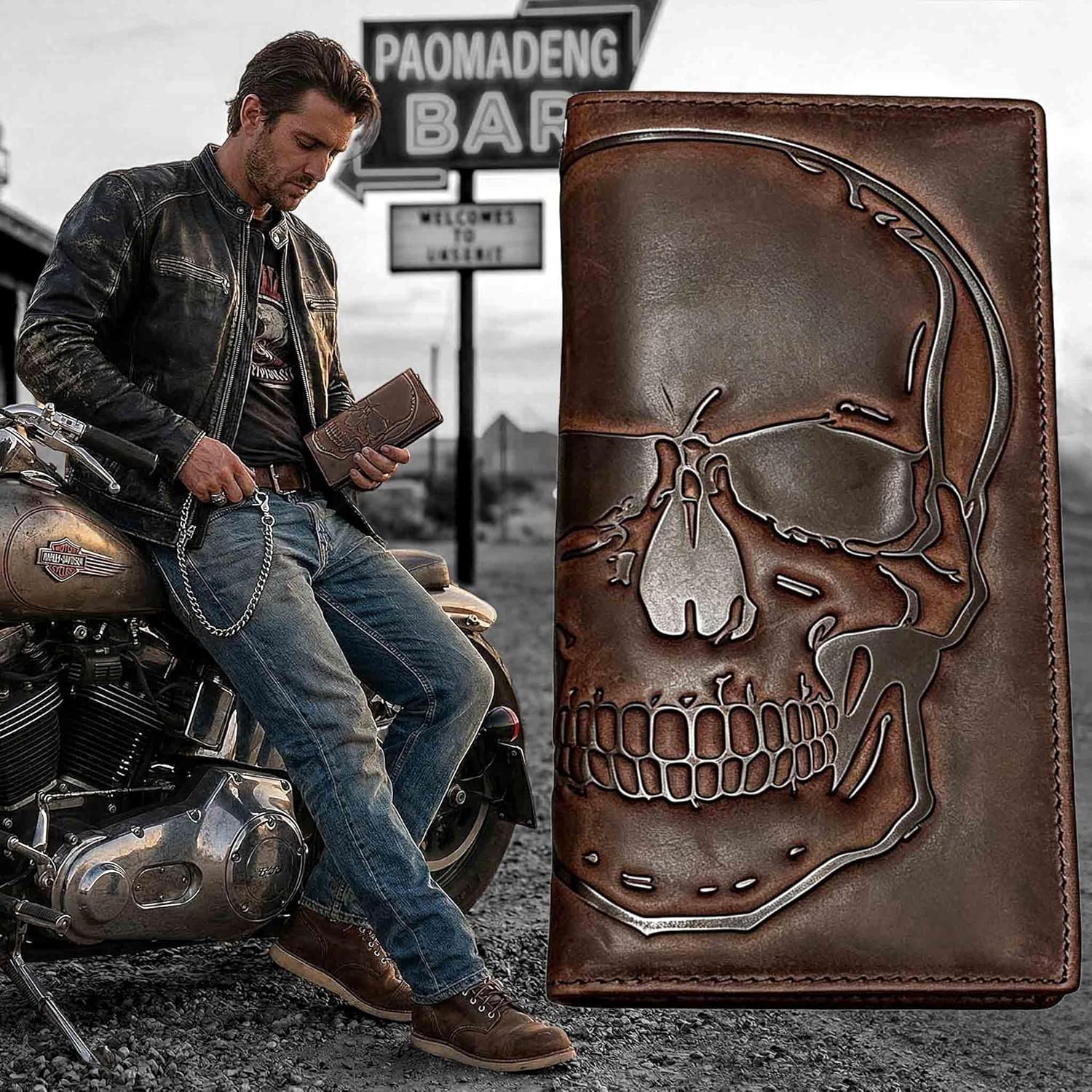 Skull Long Bifold Wallet for Men Full Grain Cowhide Genuine Leather Biker Wallet with Chain, RFID-Blocking, Brown