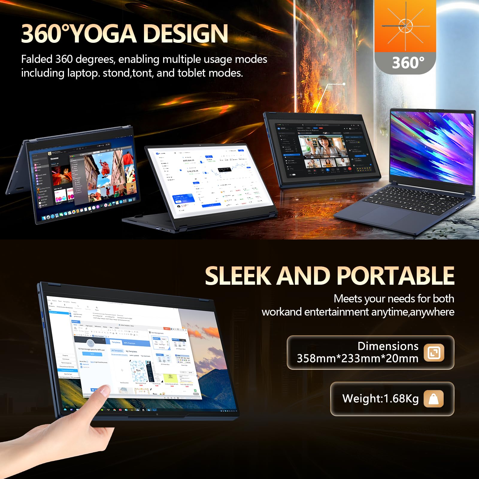 15.6-inch Laptop, 2-in-1 Laptop, 360° Flipping Laptop, 1920x1080 IPS Screen, 8GB Memory, 256GB Solid State Drive, Core 8100Y Processor, Equipped with WiFi 5, Bluetooth 5, Suitable for Study and Work — view 5