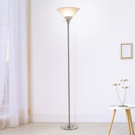 Lavish Home Torchiere Floor Lamp - Standing Bedroom Light with Sturdy Metal Base and Marbleized Glass Shade - LED Bulb Included by Lavish Home (Brushed Silver)
