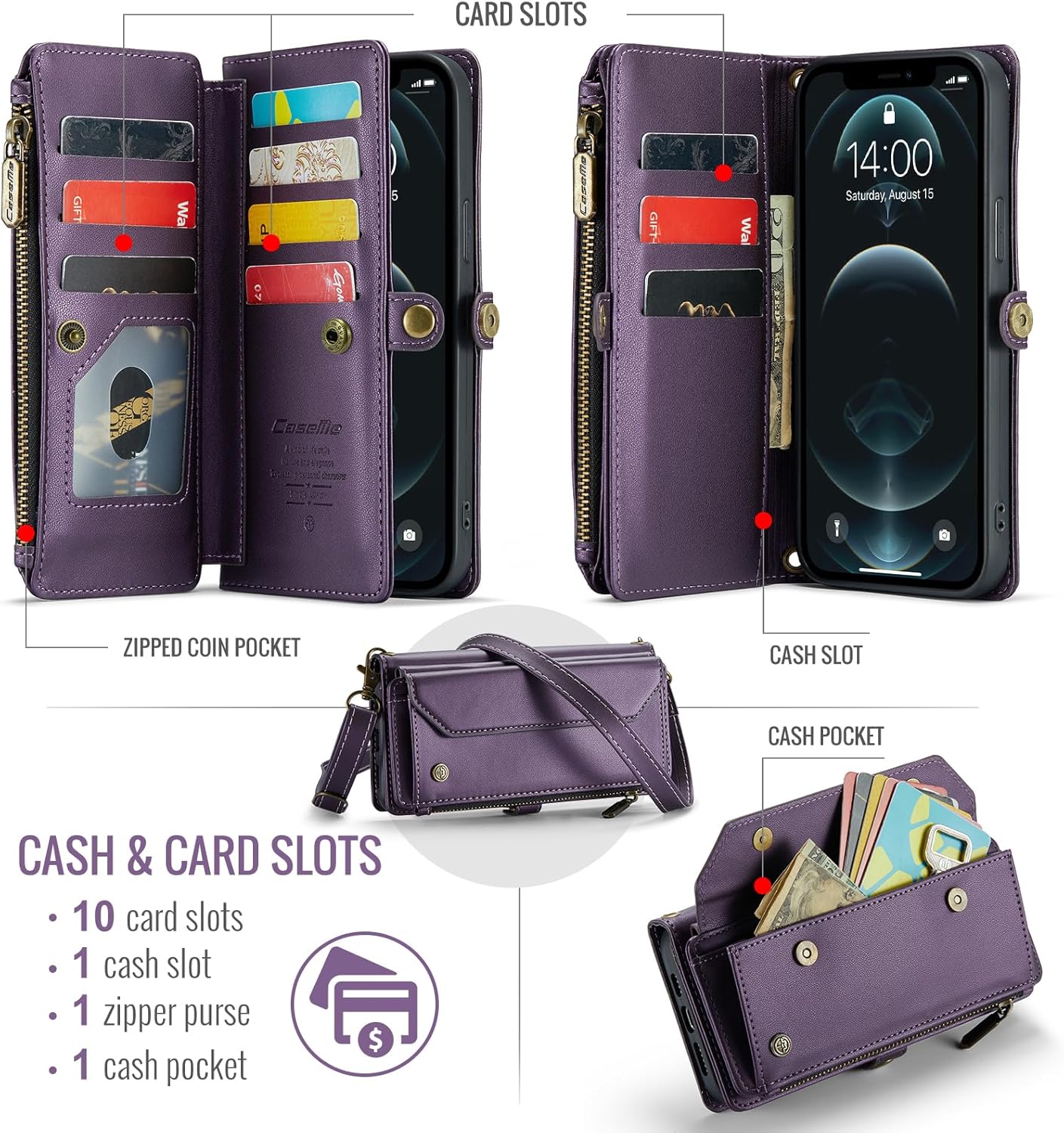 Wallet Case Compatible with iPhone 12 Pro Max 6.7" RFID Blocking 10-Card Holder PU Leather Magnetic Snap Shoulder Strap Zipper Pocket Phone Case Fit for iPhone 12 Pro Max (Purple)