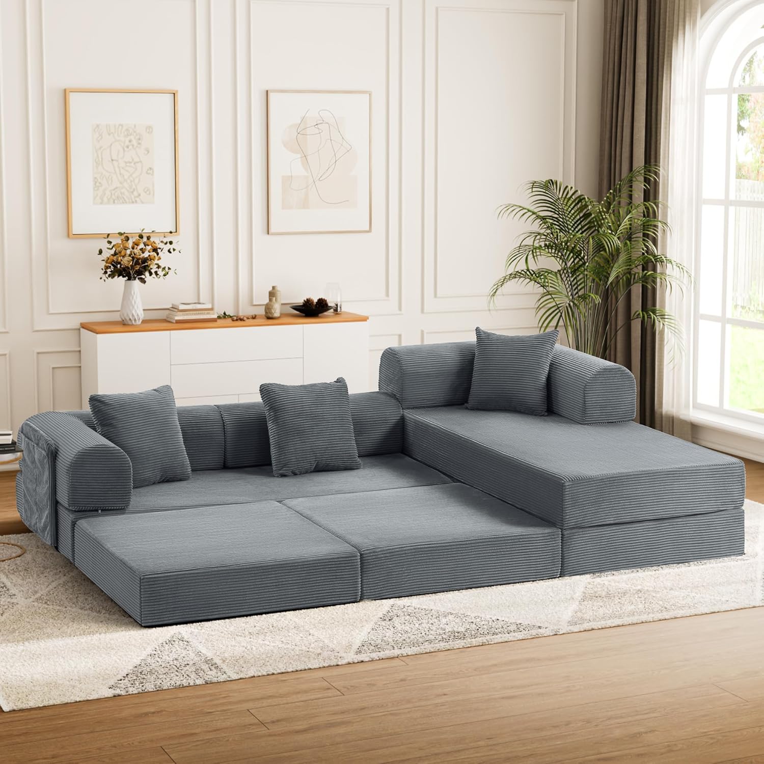 106" Modular Sectional Sofa Bed, L-Shaped Convertible Sleeper Sofa with Fixed-Shape Metal Frame, Oversized Corduroy Cloud Couch with Storage Pocket, No Assembly Couch for Living Room, Grey