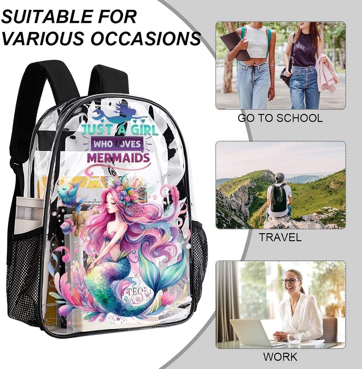 Mermaid Clear Backpack Heavy Duty for Girls Kids Boys Women Men - Large Cute PVC Mermaids Theme Printing Transparent Backpacks for Schools Stadium Concerts Work - Clear/Black
