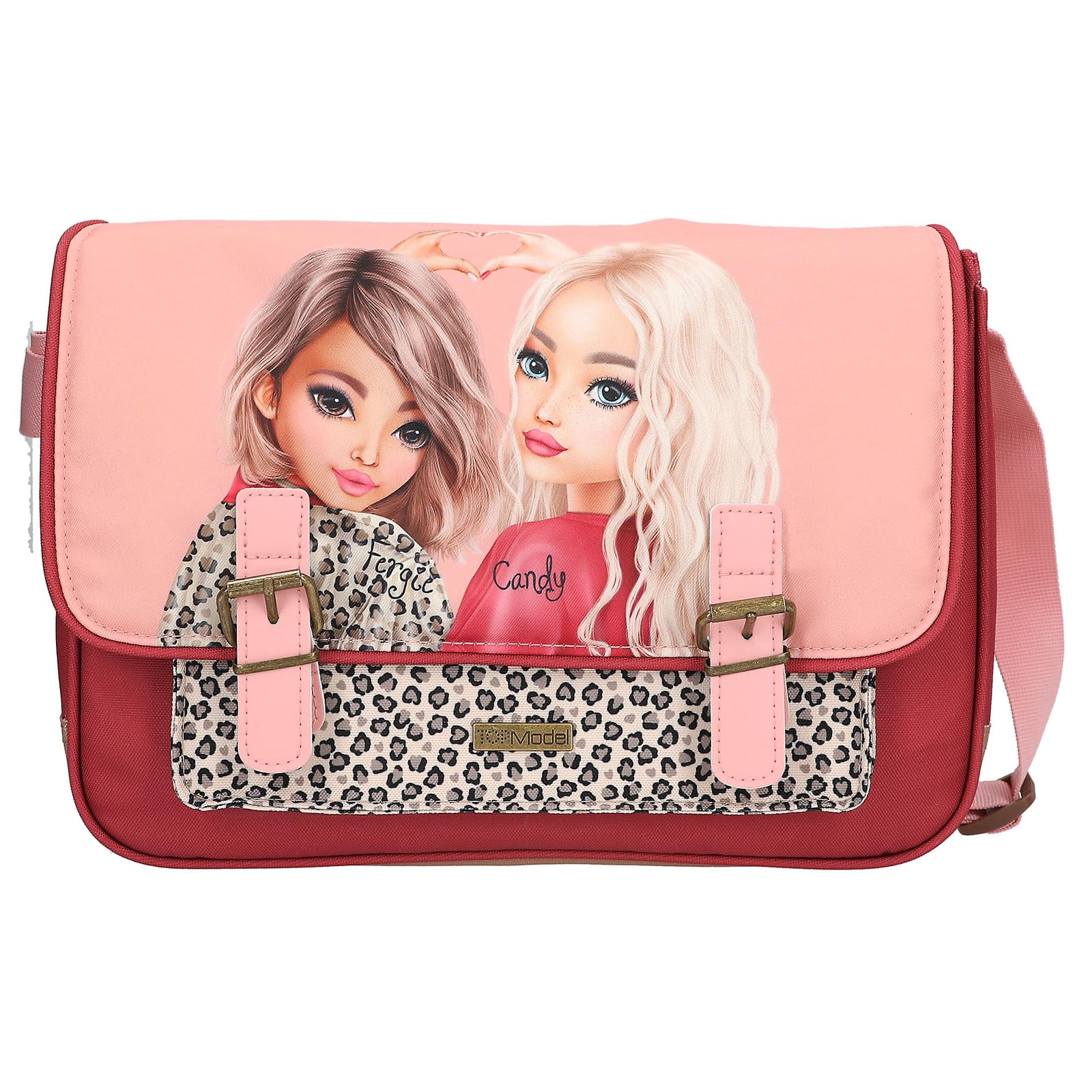 Depesche 13644 TOPModel Leoheart - Umhängetasche in Rosa und Rot, mit Model Motiv und Leo-Muster, Handtasche mit längenverstellbarem Tragegurt