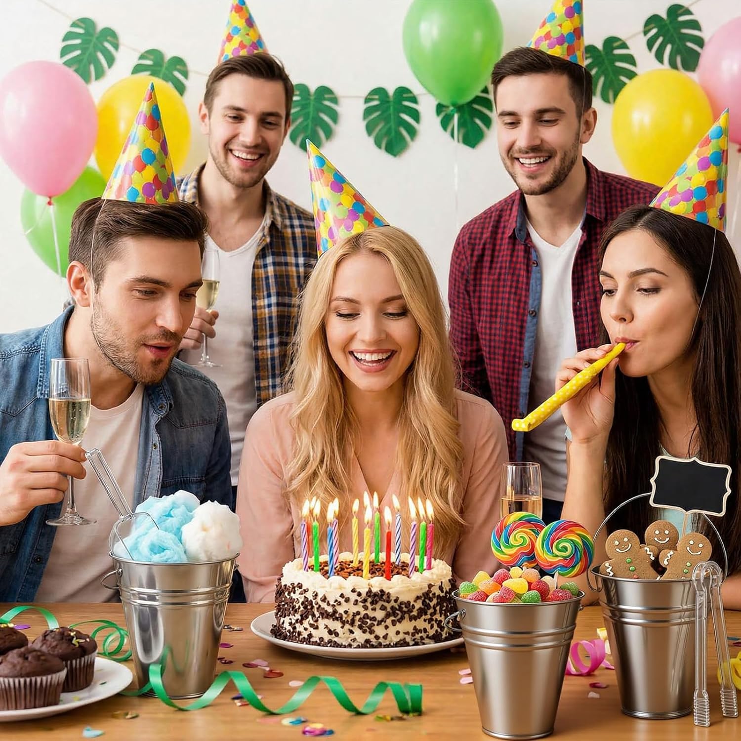 10 Pcs Galvanized Metal Buckets with Handle Set Include 5" Mini Candy Tin Bucket Plastic Scoops Serving Tongs Chalkboard Picks and Marker for Candy Bar Birthday Party Wedding Garden Decor