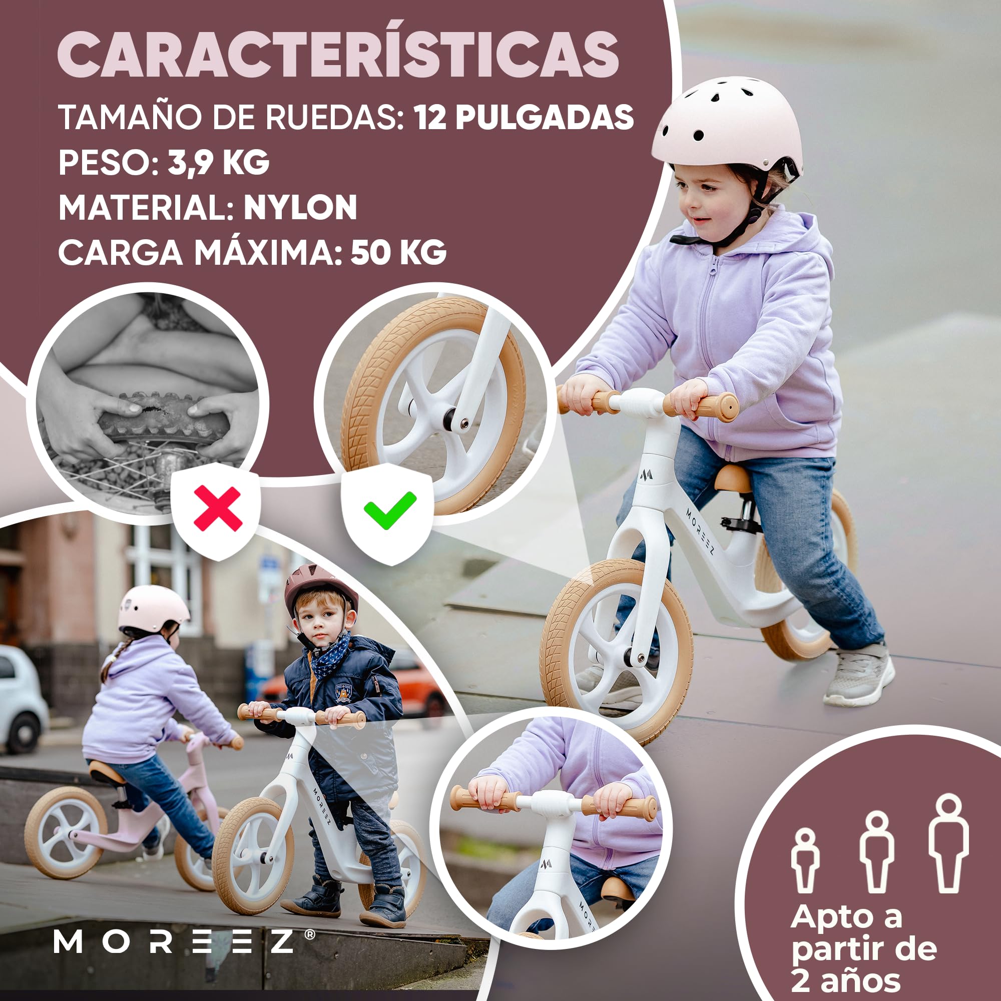 MOREEZ® Bicicleta para niños a partir de 2 años [2-5 años] Bicicleta infantil ultraligera con protección contra caídas, asiento ergonómico, 50 kg, ruedas a prueba de pinchazos de 12 pulgadas,