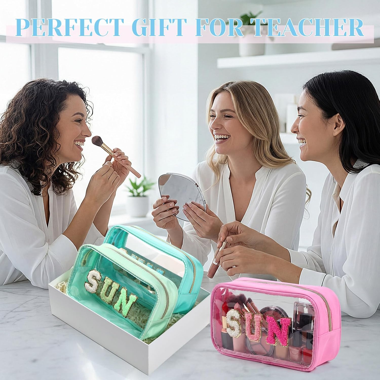 Kacctyen 6 Pcs Clear Sun Makeup Bags Bulk Sunscreen Pouch Chenille Letter Preppy Patch Makeup Bags with Zipper Waterproof Travel Toiletry Cosmetic Organizer for Summer Beach Pool Vacation Women Gift