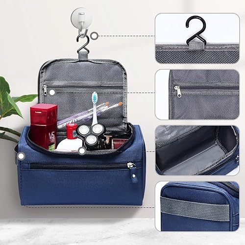 Miniatura 3 de SELLYFELLY Neceser colgante para viajes, mujer, bolsa de ducha para hombre, bolsa de afeitado, kit organizador con gancho, Azul marino, Tela de