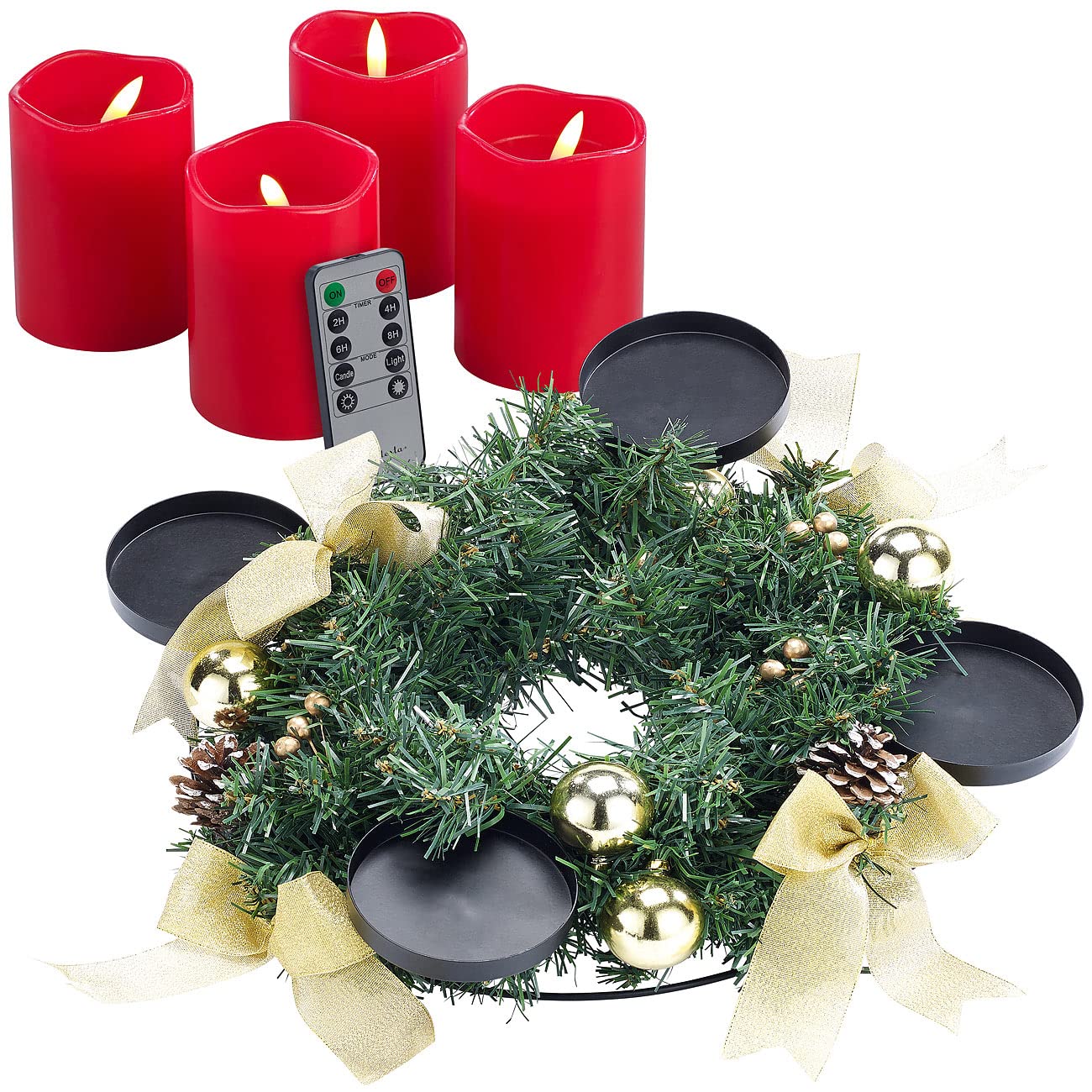 Advent Kranz: Adventskranz mit goldfarbenem Schmuck, inkl. LED-Kerzen in rot (Adventskranz für Senioren, Adventskranzgestecke, Weihnachten)