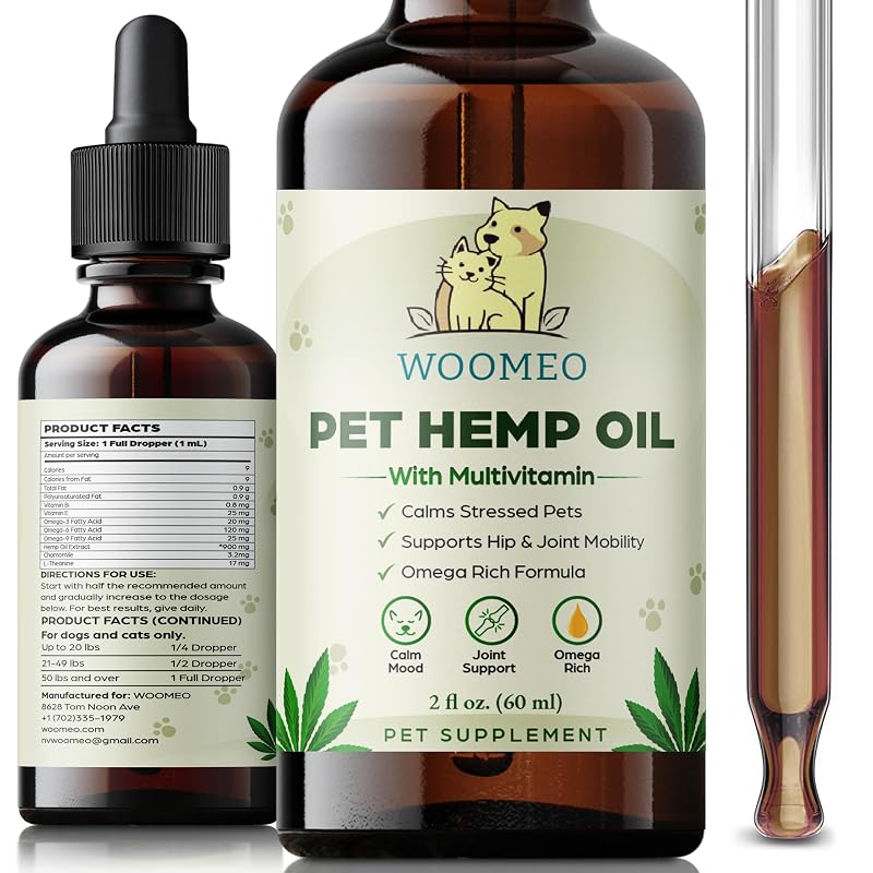 Óleo de cânhamo para cães e gatos WOOMEO com Ômega 3-6-9, camomila e L-Teanina 60 mL