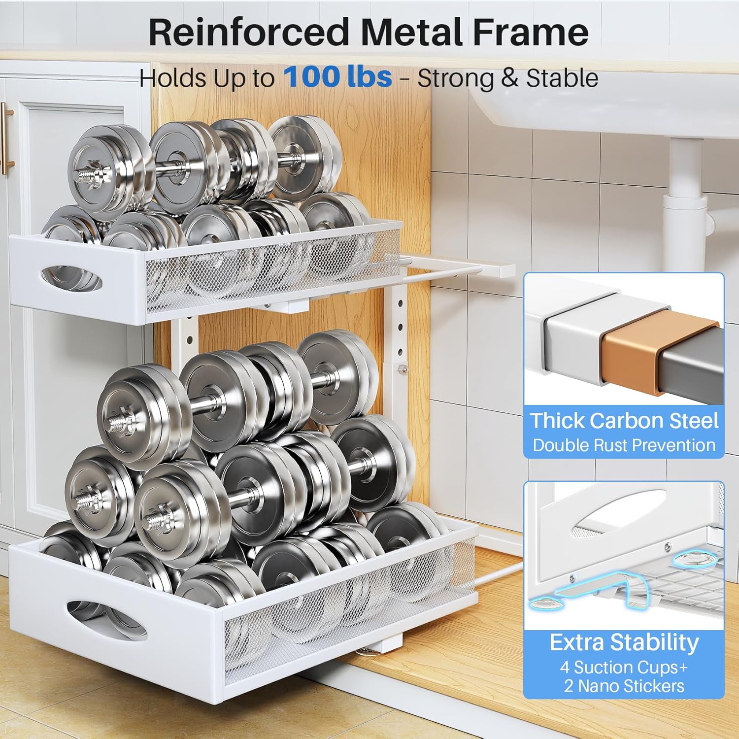 Under Sink Organizer, 2 Pack 2 Tier Pull Out Under Cabinet Organizer Shelf with Pad for Framed Cabinets, Metal Slide Out Under Sink Storage, Mesh Sliding Drawers for Kitchen Bathroom Laundry, White - Image 7