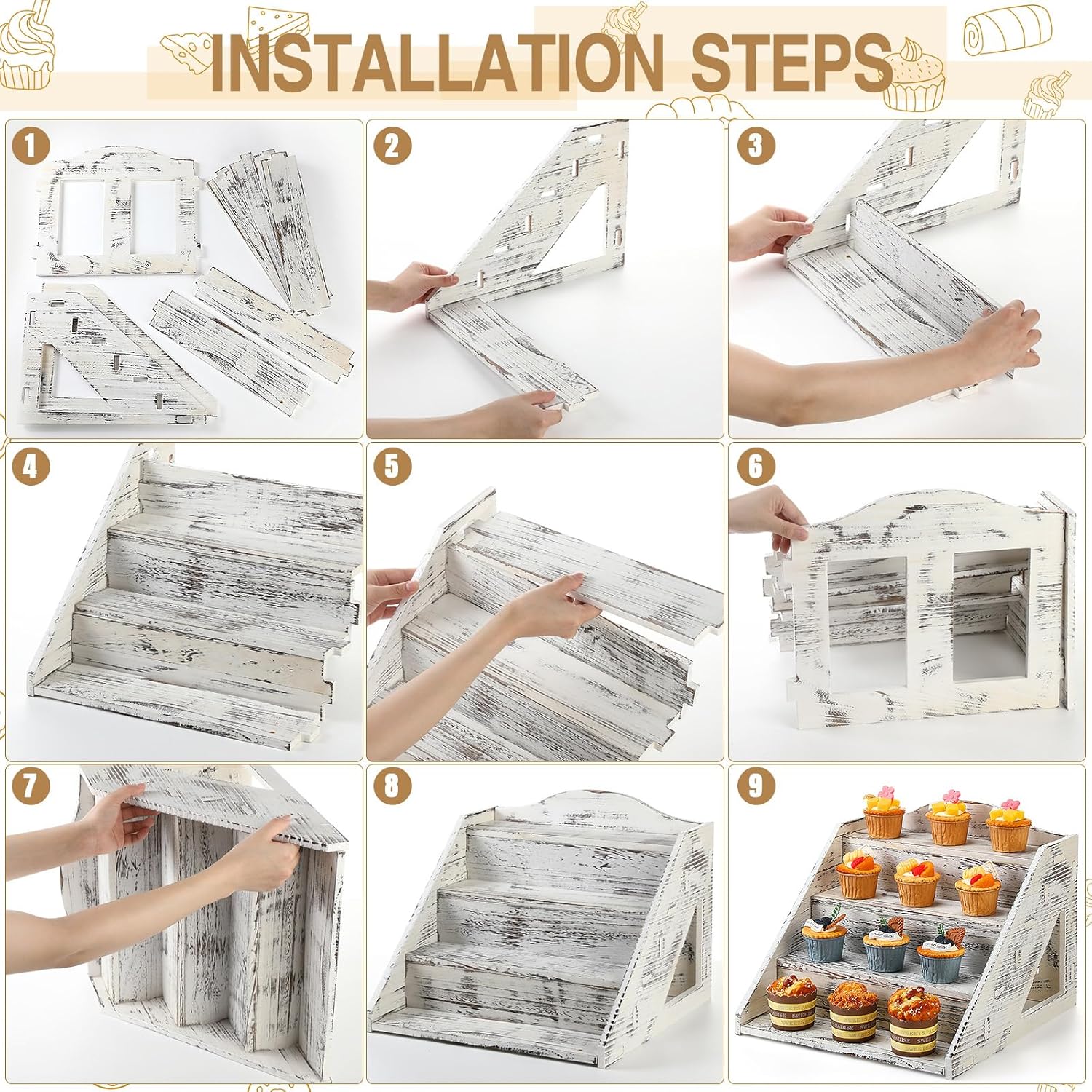 Jetec 4 Tier Wood Cupcake Display Stands Retail Wooden Craft Fair Display Riser Rustic Dessert Holder Rack Soap Stand for Craft Show Baby Shower Cupcakes Candy Wedding Party(Retro White)