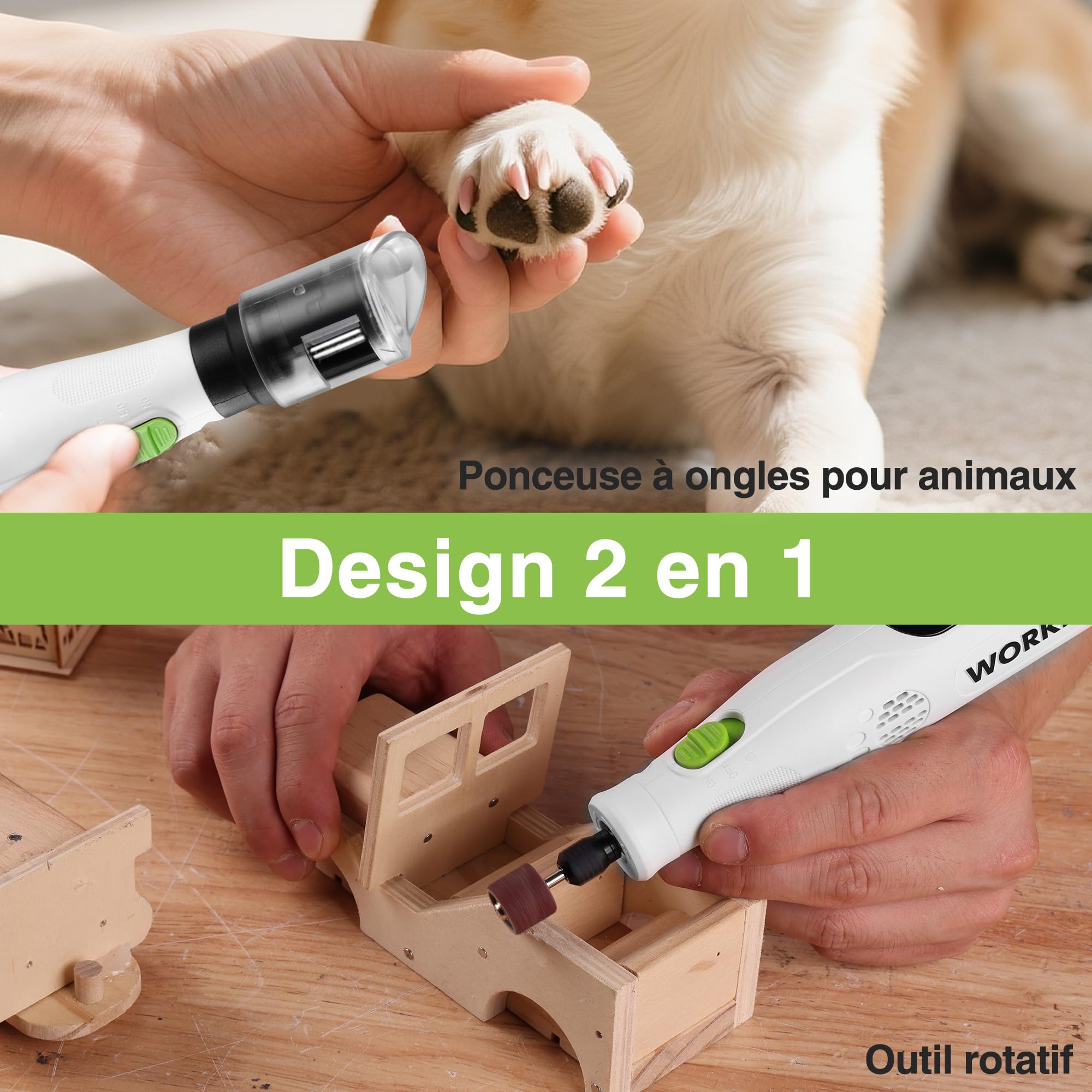 WORKPRO Lime à Ongles Chien Électrique | Lime Griffe pour Chiens et Chats avec 6 Vitesses, 3 Options de Slot, 70 Accessoires, Rechargeable Type-C et Sac de Rangement
