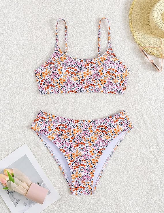 YIMISAN Women's Two Piece Swimsuit Floral Print Bikini Sets Spaghetti Straps Scoop Neck Mid Waist Cheeky Bathing Suit