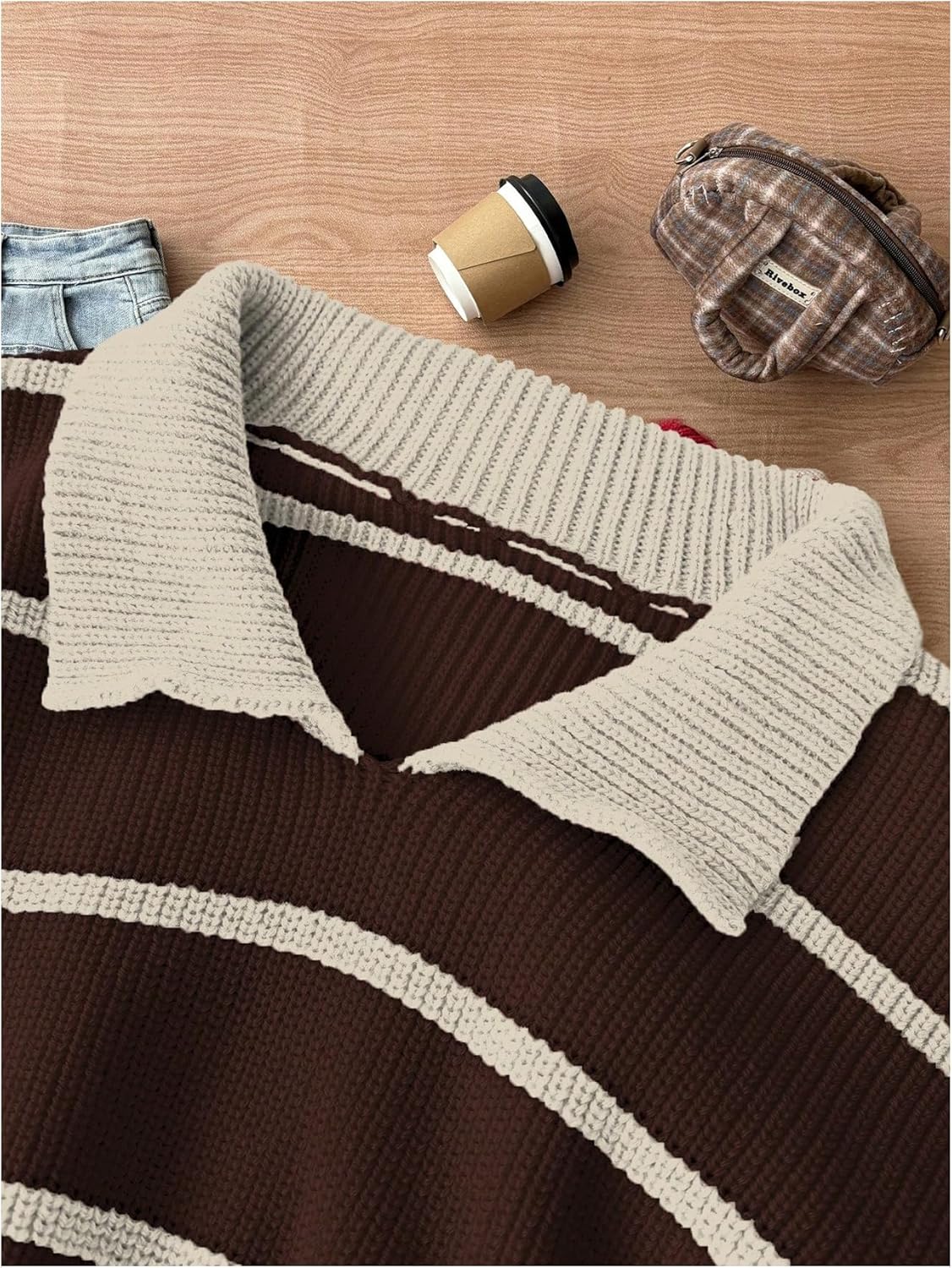 Floerns Women's Collared Striped Sweaters Preppy Oversized Knit Fall Pullover Sweater