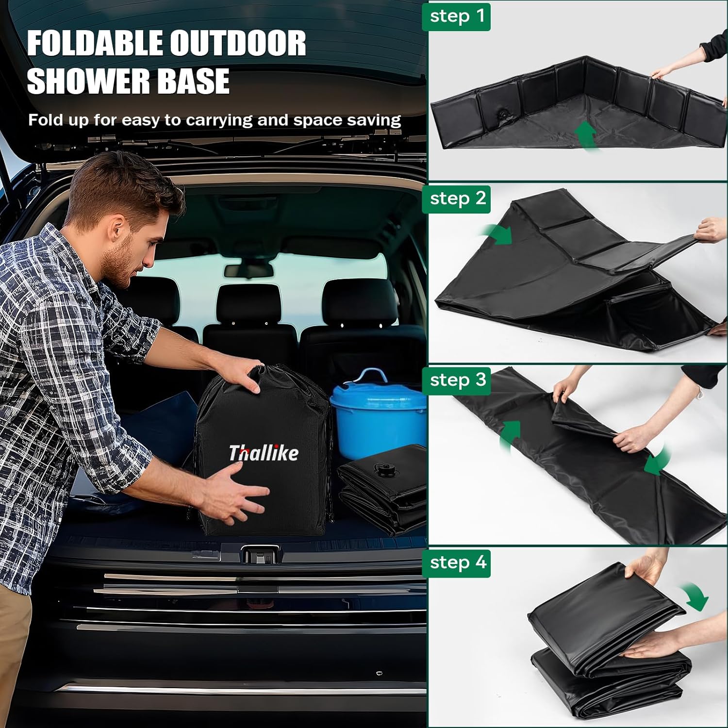 Upgraded Portable Shower Pan, 41" x 41" x 10" Outdoor Shower Base with Detachable Drain Pipe, Foldable Camping Shower Base for Beach, RV, and Indoor