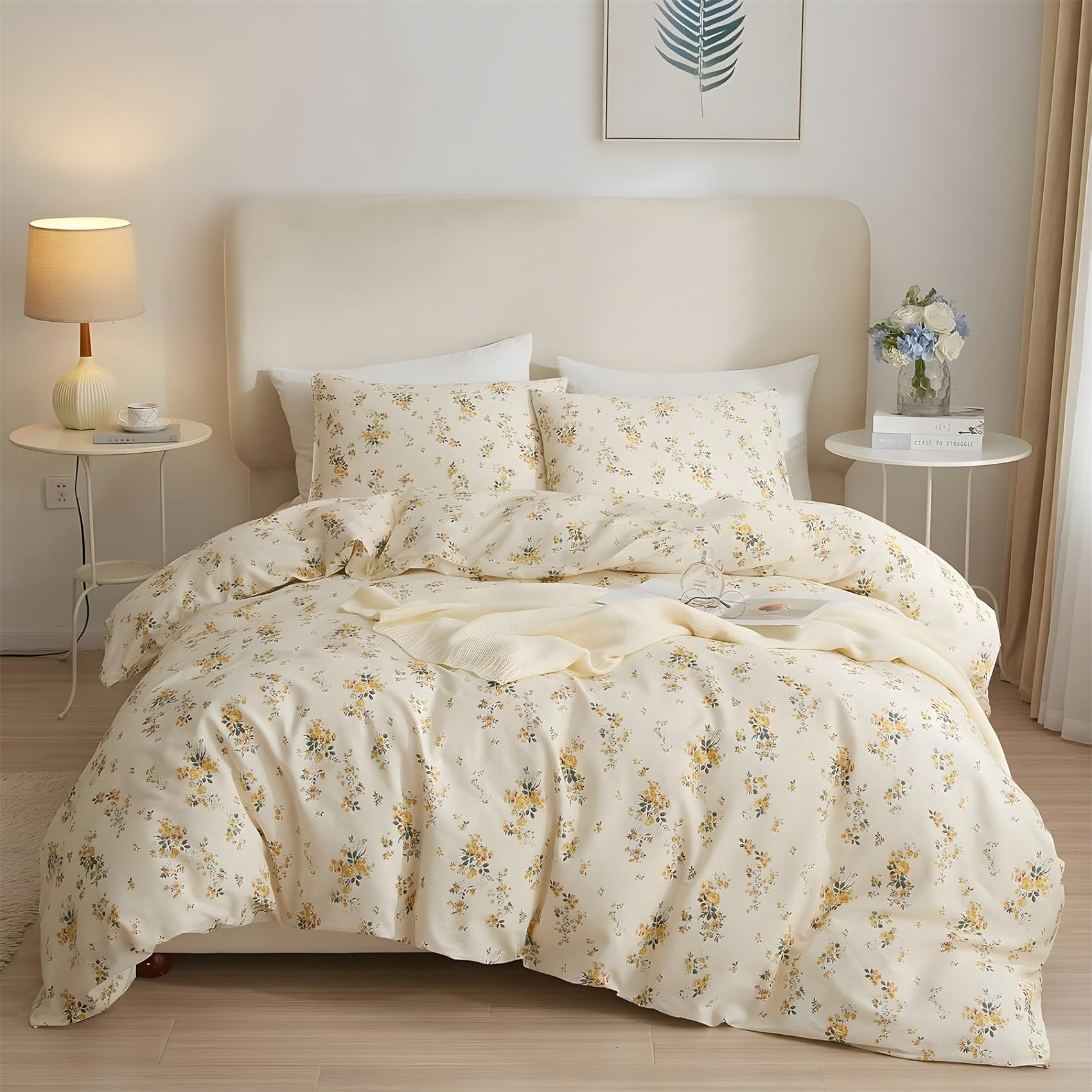 Housse de couette microfibre 240x260 jaune floral pour un lit sans pli facile à zipper