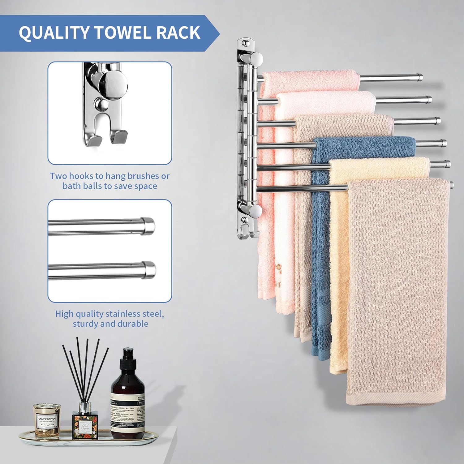 Swivel Towel Rack, 12.6 Inch Towel Bar with Wall Mounted 180° Rotation, 6 Arms Towel Hanger SUS 304 Stainless Steel, Space Saving for Kitchen, Bathroom, Outdoor, Mirror Polish