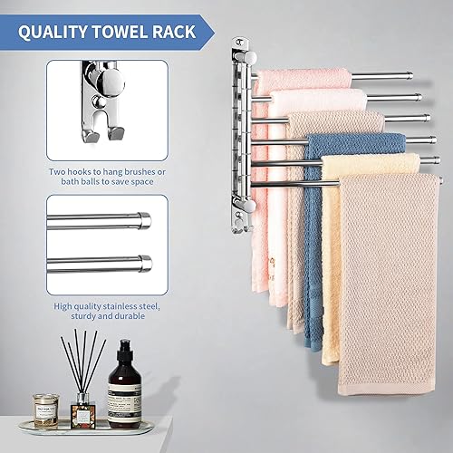 Miniatura 5 de Toallero giratorio, toallero con rotación de 180 montado en la pared, 6 brazos de acero inoxidable SUS 304, ahorro de espacio para cocina, baño,