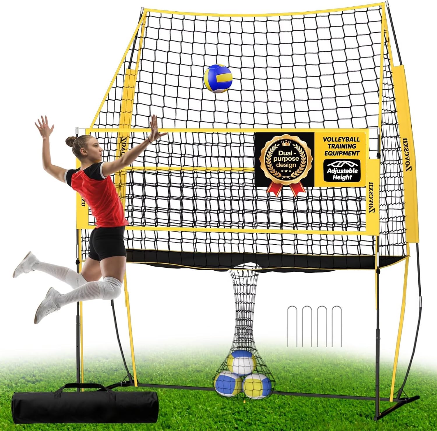 Volleyball Training Net, Portable Adjustable Trainer for Serving Spiking & Setting – 3-in-1 Height Settings for Kids Teens & Adults, Sturdy Steel Frame for Backyard Beach Gym Indoor/Outdoor Practice