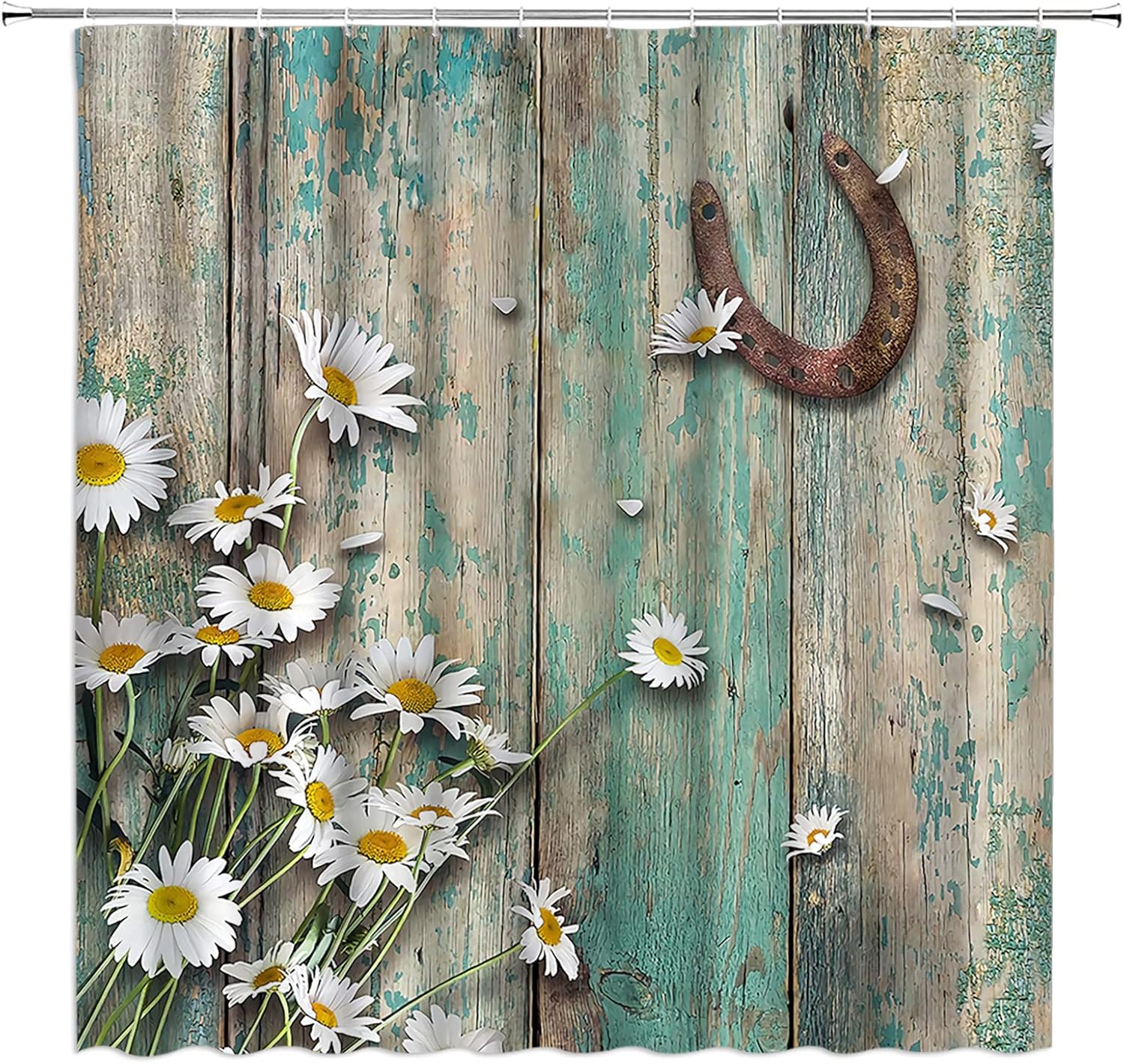 Rustic Shower Curtain Farmhouse Country American Western Style Horse Daisy in Teal Brown Barn Wood Spring Country Botanical Fabric Bathroom Curtains Decor Set with Hook(84" Wx70 H)