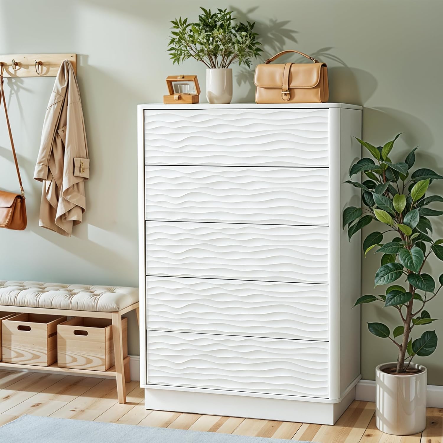 Modern 5 Drawer Dresser for Bedroom, 43" H Chest of Drawers, Tall 5 Drawers Dresser with Smart Press-to-pop Drawer, Large Storage Space for Living Room, Entryway, Hallway, White
