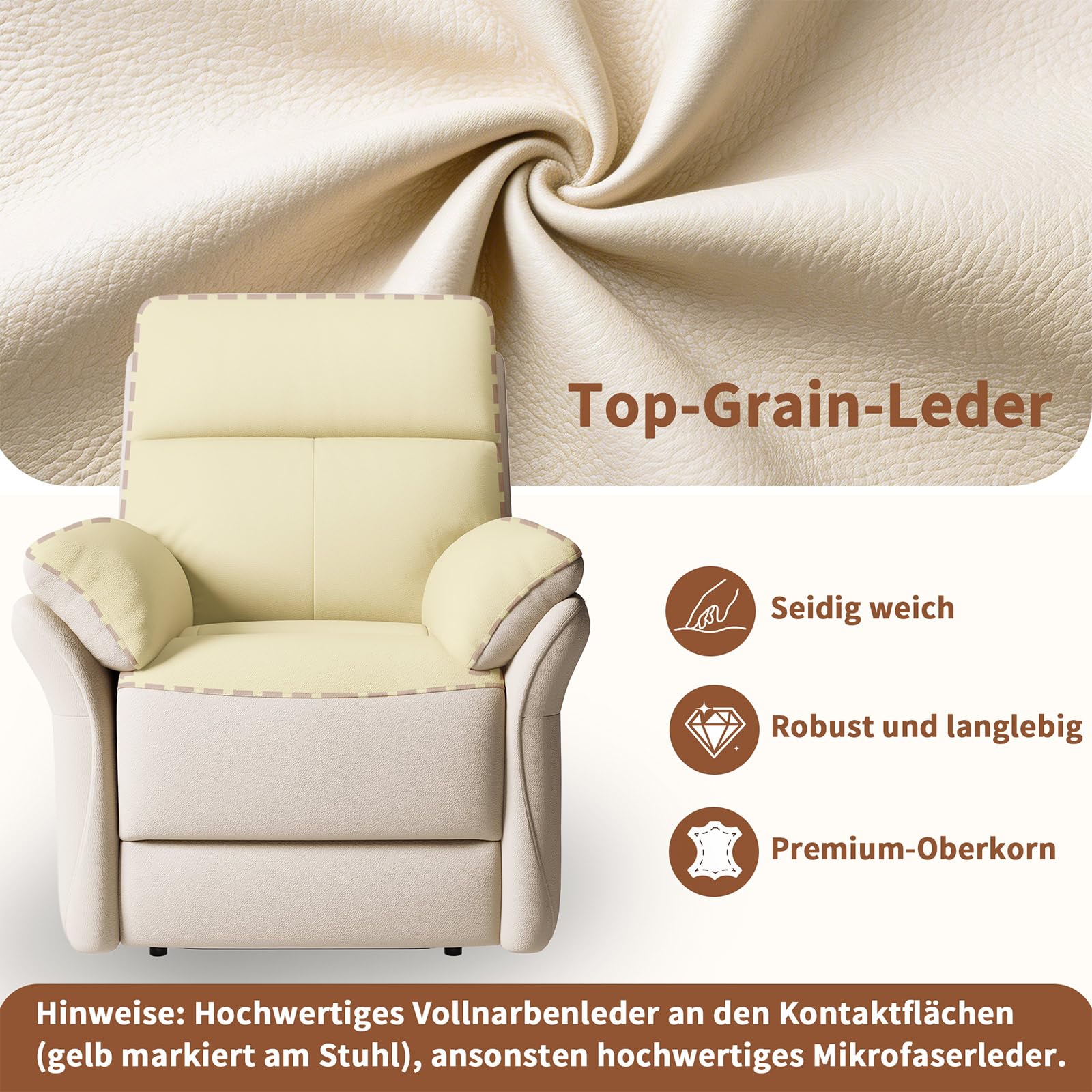 AIRSKY Relaxsessel Echtleder Fernsehsessel mit Liegefunktion Kinosessel Nickerchen Seniorensessel TV Sessel mit Schlaffunktion Manuell Verstellbar Liegesessel für Wohnzimmer Schlafzimmer,Beige