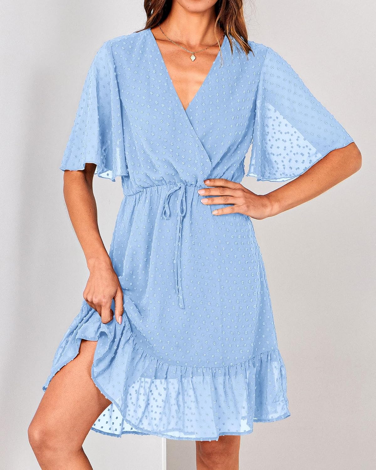 KIRUNDO Womens Summer Dresses 2026 Casual Spring Short Sleeve V Neck Ruffle Floral Print High Waist Belted Flowy Mini Dress - Image 3