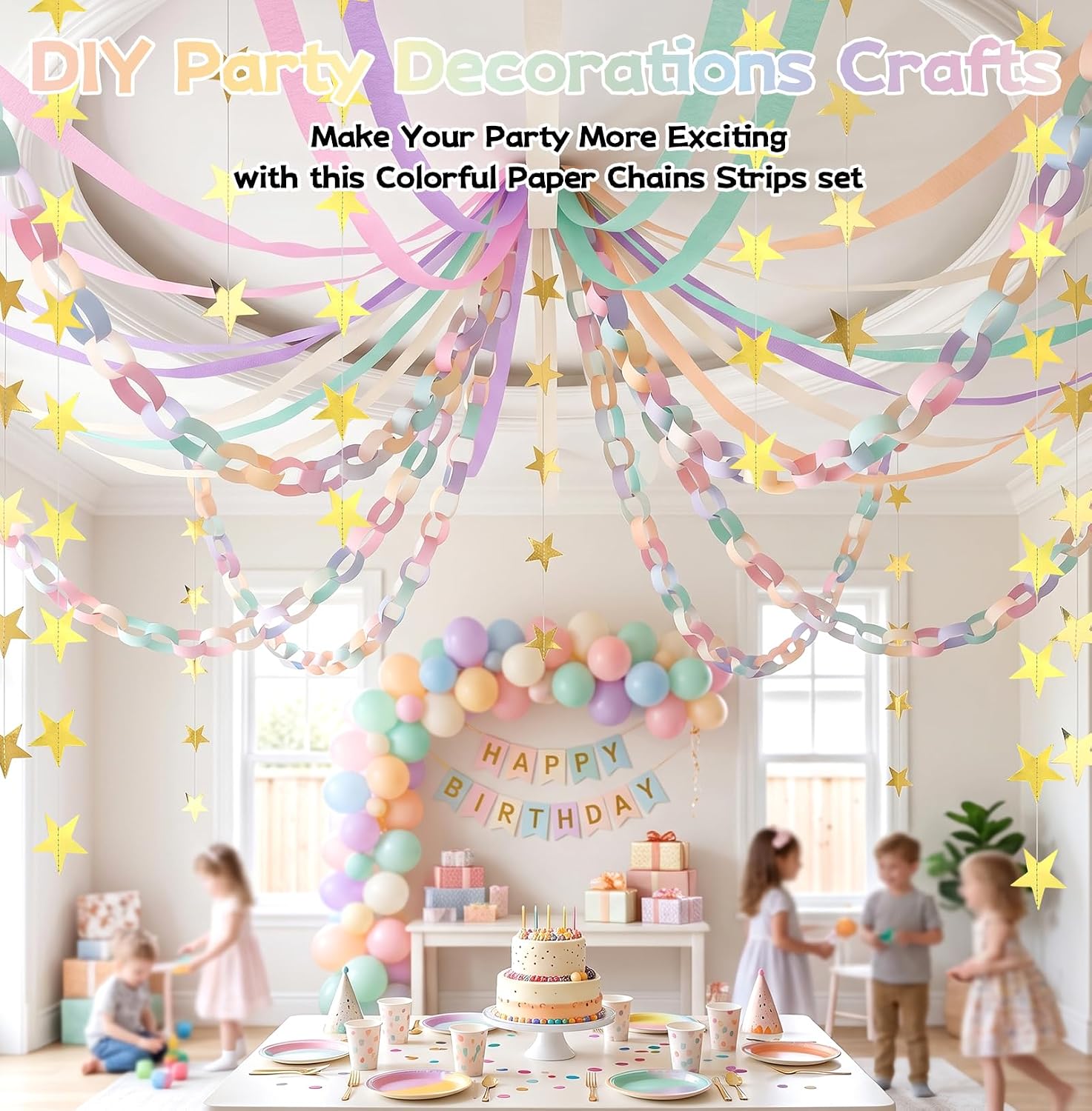 300Pcs Pastel Paper Chain Strips and Star Garland Set, Macaron Paper Chains with 52ft Glitter Star Garland Banners & 492ft Crepe Paper Streamers Rolls DIY Hanging Decorations for Party Supplies