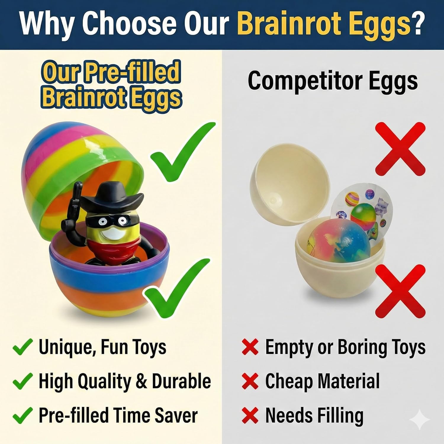 96 Pack Bulk Prefilled Easter Eggs for Mega Hunt - Assorted Italian Brain Rot Toys Inside - Large Plastic Surprise Eggs for Community Events, Carnival Prizes & Party Favors Wholesale