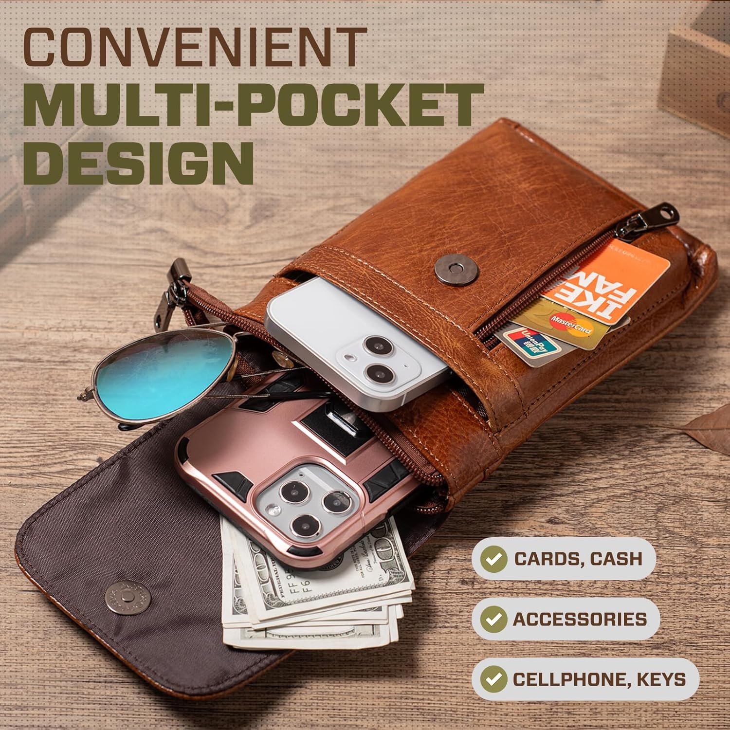 Hengwin Genuine Leather Small Crossbody Bag for Men Women, Cellphone Belt Pouch Bag, Travel Passport Wallet, Shoulder Holster - Image 3