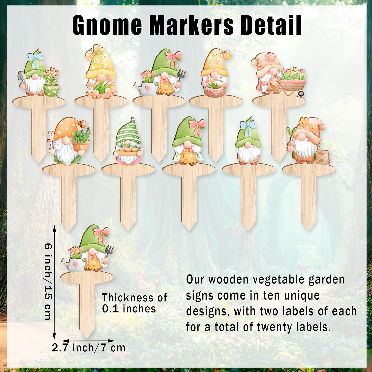 20pcs Garden Markers - Wooden Plant Labels with Funny Gnome Designs for Flowers & Vegetables image 2