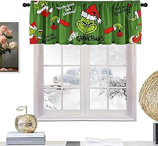 Christmas Holiday Kitchen Curtain Valances Green Xmas Window Valances with Rod Pocket - Short Curtains for Bathroom and Laundry Decoration - 52x18 inch