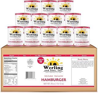 Werling Canned Hamburger 28oz Pack of 12 - Fully Cooked Ground Beef, 5-Year Shelf Life, Heat & Eat Emergency Food, Made in USA