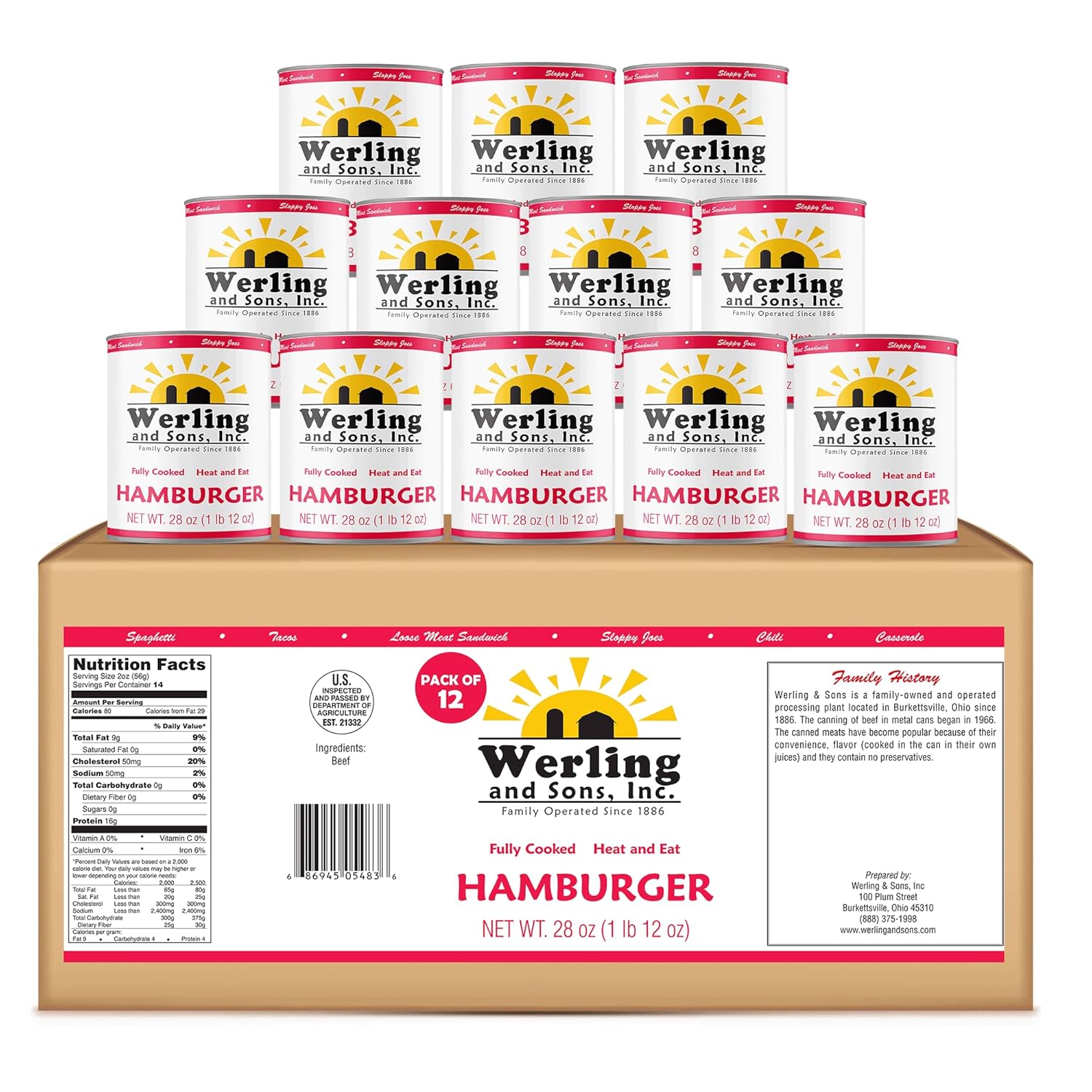 Werling Meats Canned Hamburger 28 Oz – Fully Cooked Ground Beef, Heat & Eat | Premium Quality | 5-Year Shelf Life | Pantry Staple for Everyday Meals, Emergency, Survival & Camping | Made in USA | Pack of 12