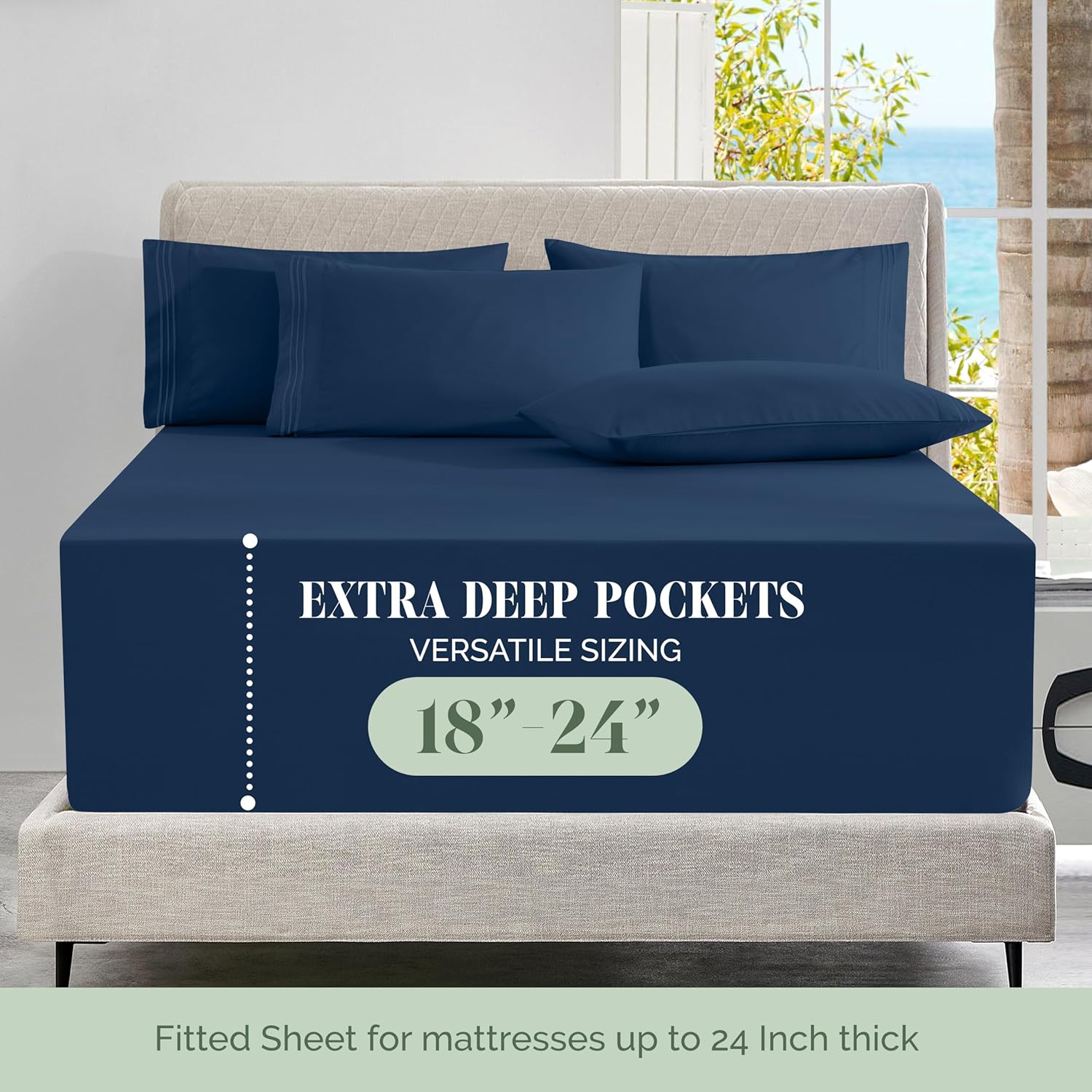 Elegant Comfort Luxury Soft 6-Piece 1500 Premium Hotel Quality Bed Sheet Set with Extra Deep Pockets 18-24 Inch, Wrinkle Free, Storage Pockets, Extra Deep Pocket 6PC Sheets, Queen, Navy Blue