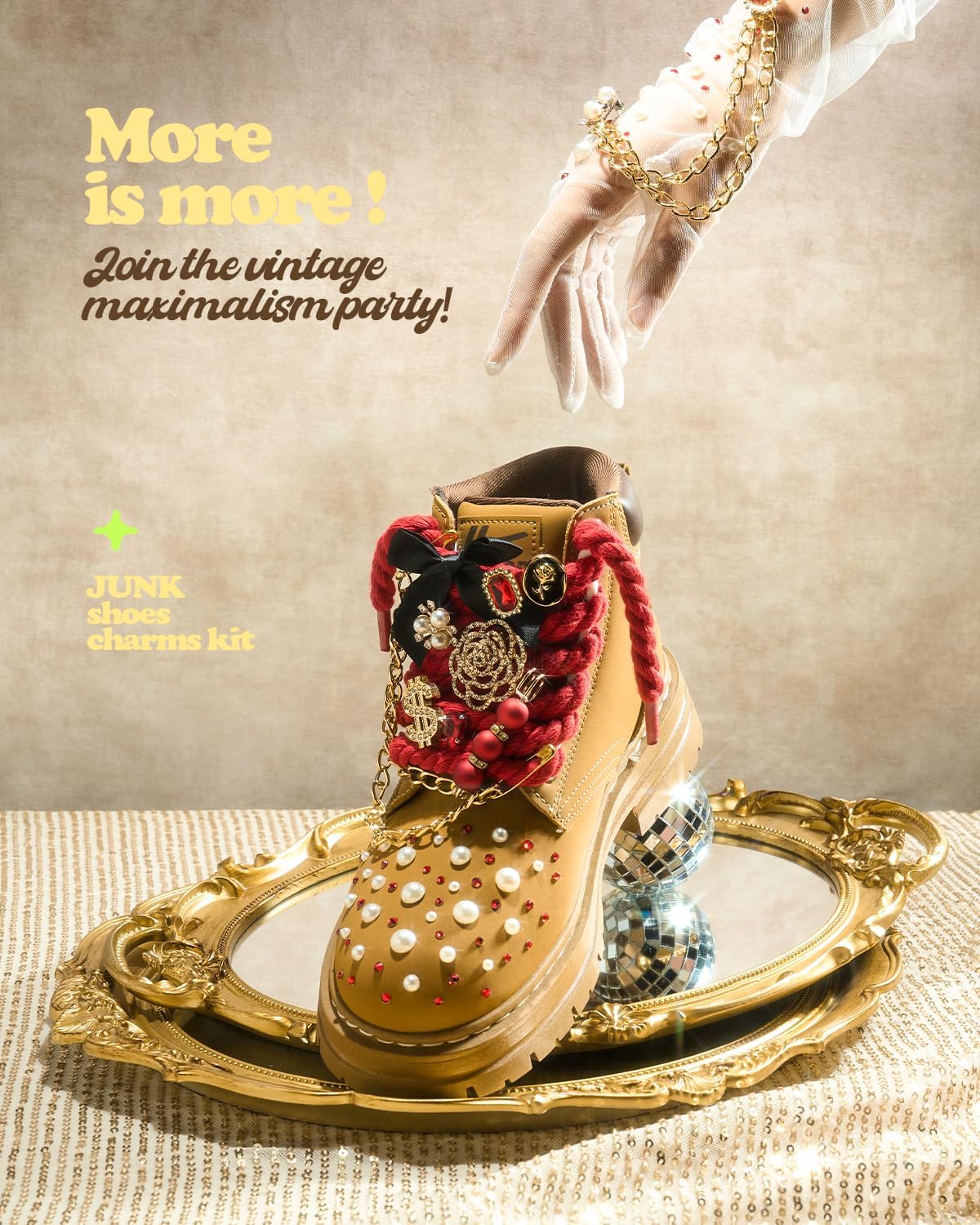 DoDoBeads Chunky Rope Shoe Laces Kit with Charms, Gold Sneaker Charms, Maximalist Junk Shoes Laces for Boots & Sneakers