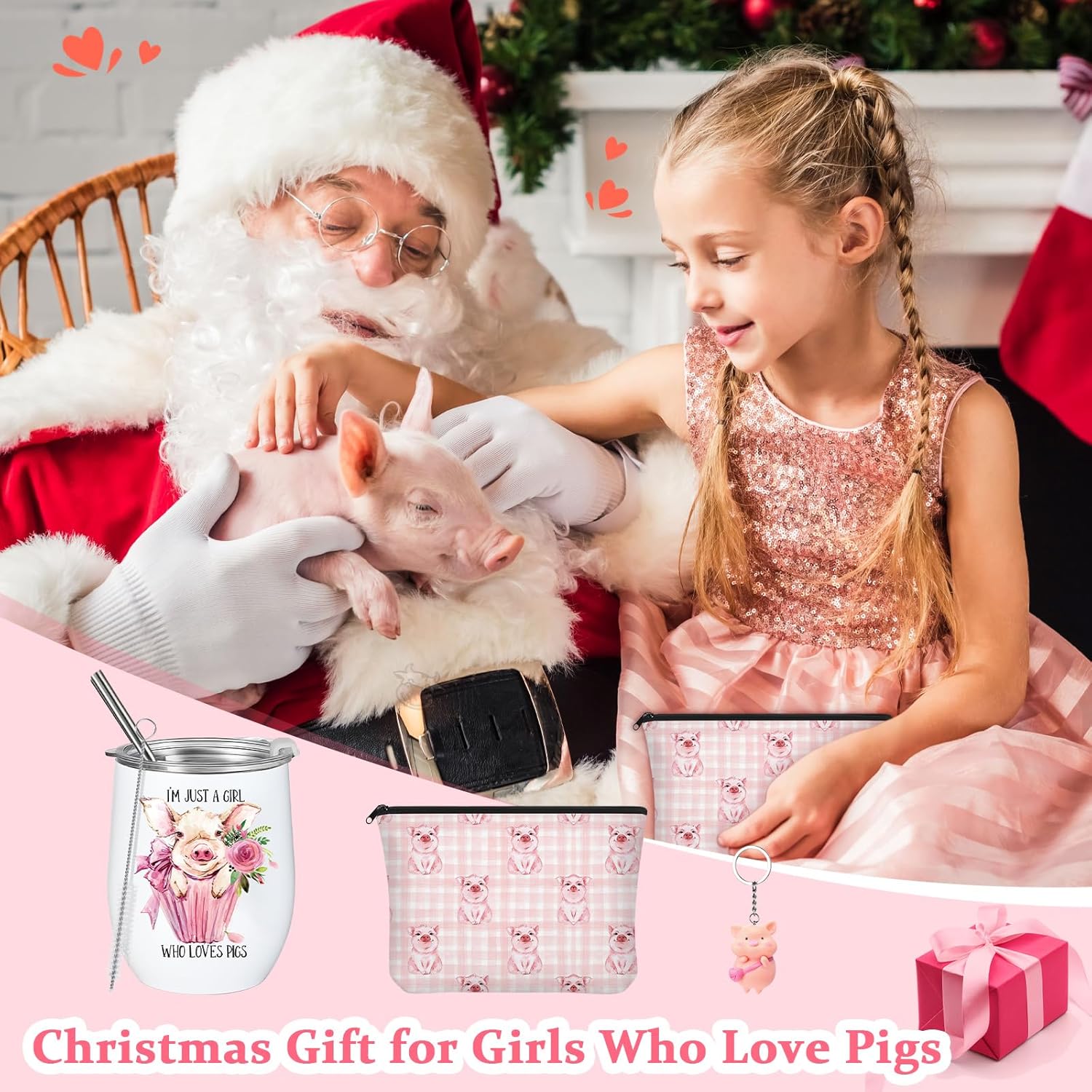 Sieral 3 Pcs Pig Gifts for Pig Lover Women Girls Mom 12 Oz Stainless Steel Wine Tumbler with Lid Cosmetic Bag Keychain for Birthday Themed Animal Lovers - Image 5