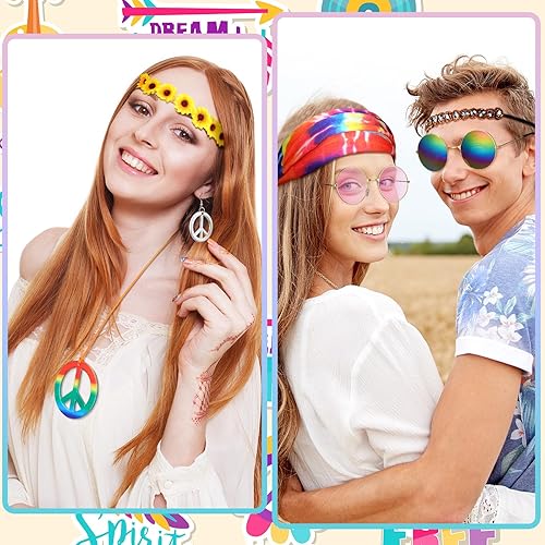 Miniatura 4 de Remuuly 16 piezas de accesorios de disfraz hippie de Halloween para mujer, juego de accesorios de los años 60 y 70, diadema, lentes de sol hippie