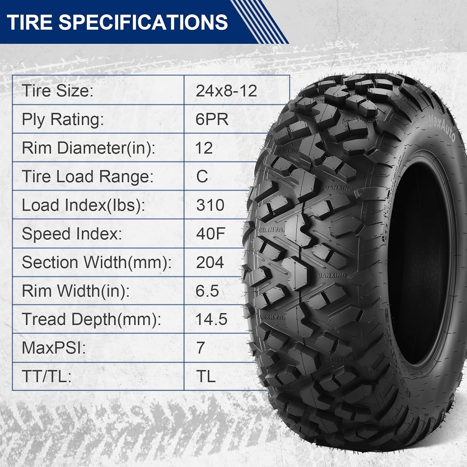 MaxAuto 24x8-12 ATV UTV Tires, 24x8x12 All Terrain ATV Tires for All Trail Tire, 24 8 12 Mud Sand Off-Road Tire, 6PR Tubeless, 2 Pack