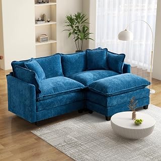 SoarTalent 76.7” Modular Sectional Sofa L-Shaped Convertible Couches, 2 Seater Chenille Deep Seat Cloud Couch with Pillows and 1 Ottoman for Living Room, Apartment, Office(Blue)