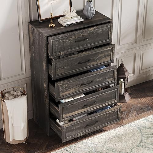 Fameill Dresser for Bedroom, 5 Drawer Tall Dresser Organizer, TV Stand for Livingroom, Chest of Drawers with Metal Handles, Dark Brown